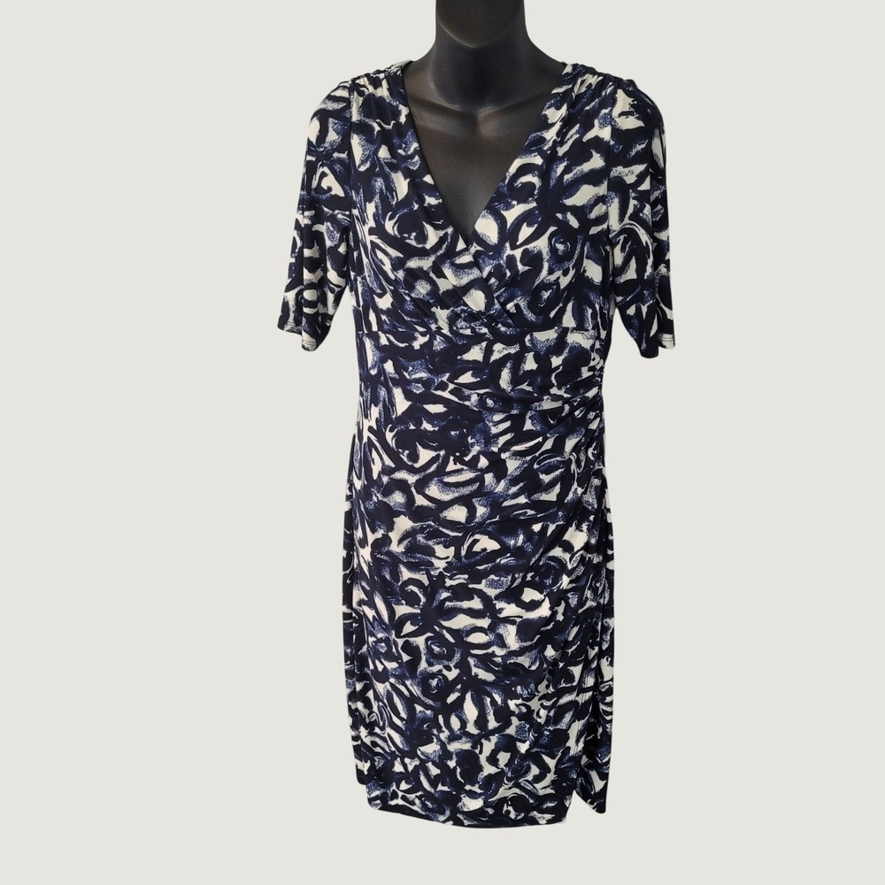 Lauren Ralph Lauren Blue White‎ Abstract Print Faux Wrap Sheath Dress Size 6